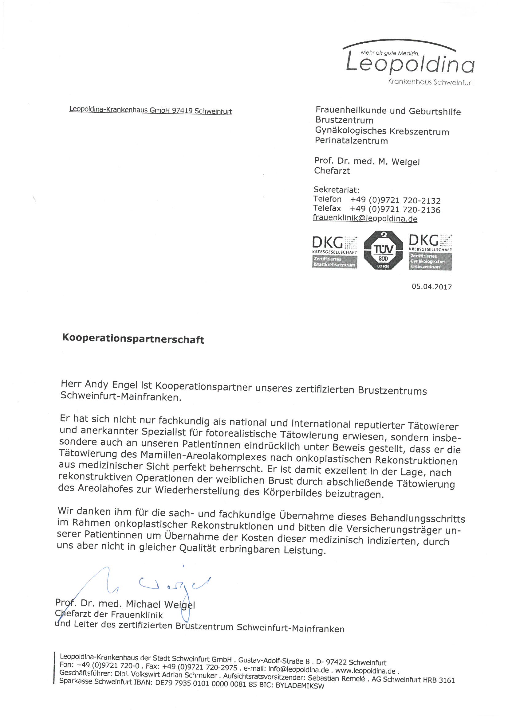 BWK Kooperationsschreiben Leopoldina Krankenhaus Schweinfurt